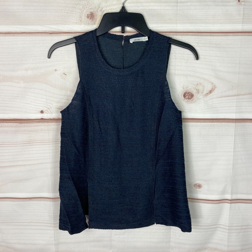 A.L.C. Top Womens 0 Blue Tweed Tank Sleeveless Blouse Round Neck Front Slits